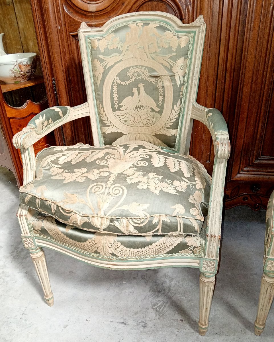 Pair Of Large Louis XVI Bergères In Water Green And Cream Rechambered Wood, Late 19th Century-photo-3