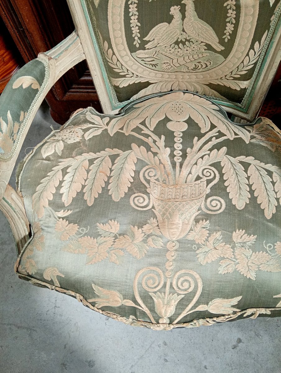 Pair Of Large Louis XVI Bergères In Water Green And Cream Rechambered Wood, Late 19th Century-photo-5