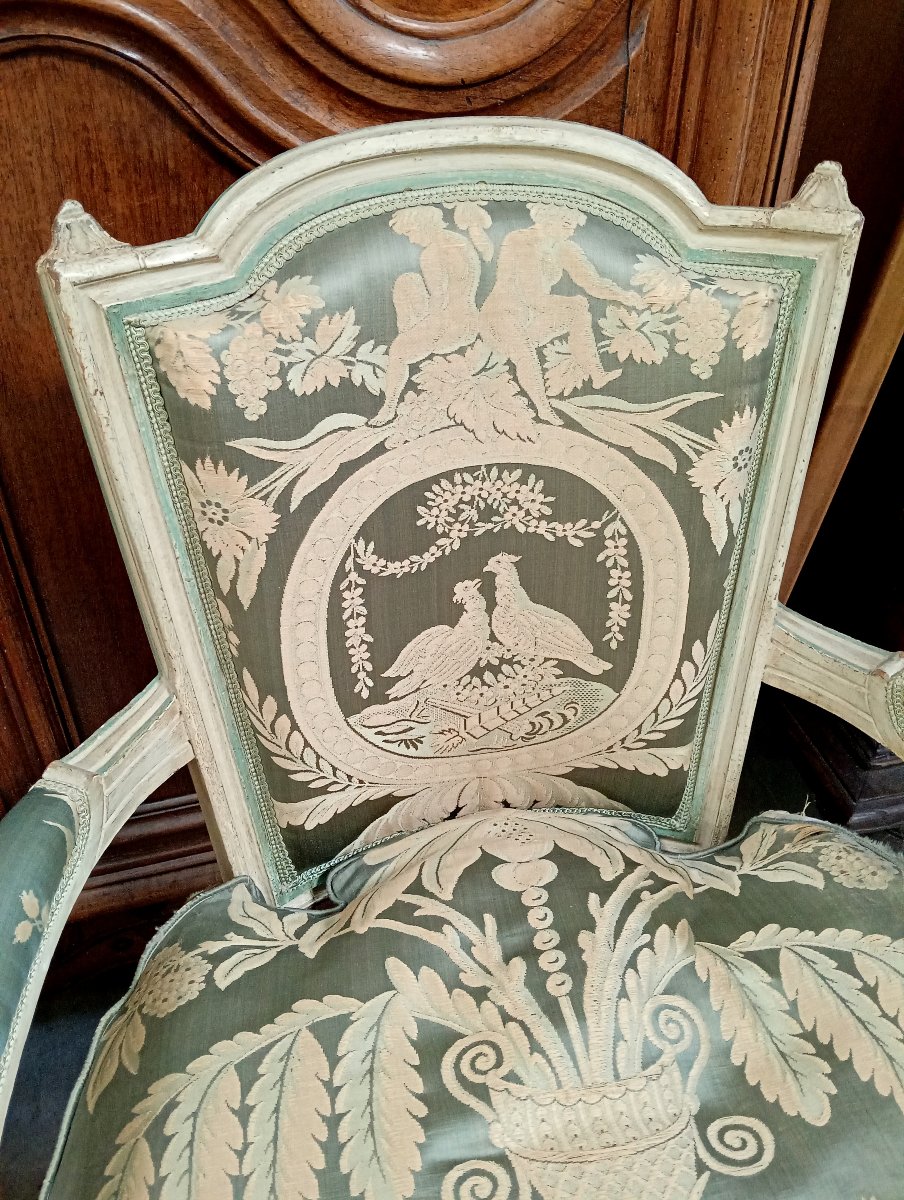 Pair Of Large Louis XVI Bergères In Water Green And Cream Rechambered Wood, Late 19th Century-photo-6