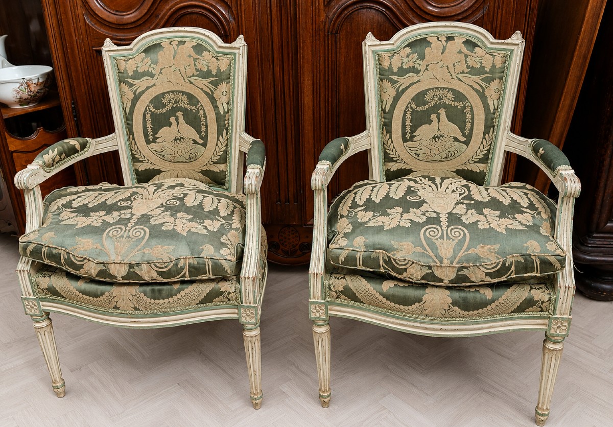 Pair Of Large Louis XVI Bergères In Water Green And Cream Rechambered Wood, Late 19th Century