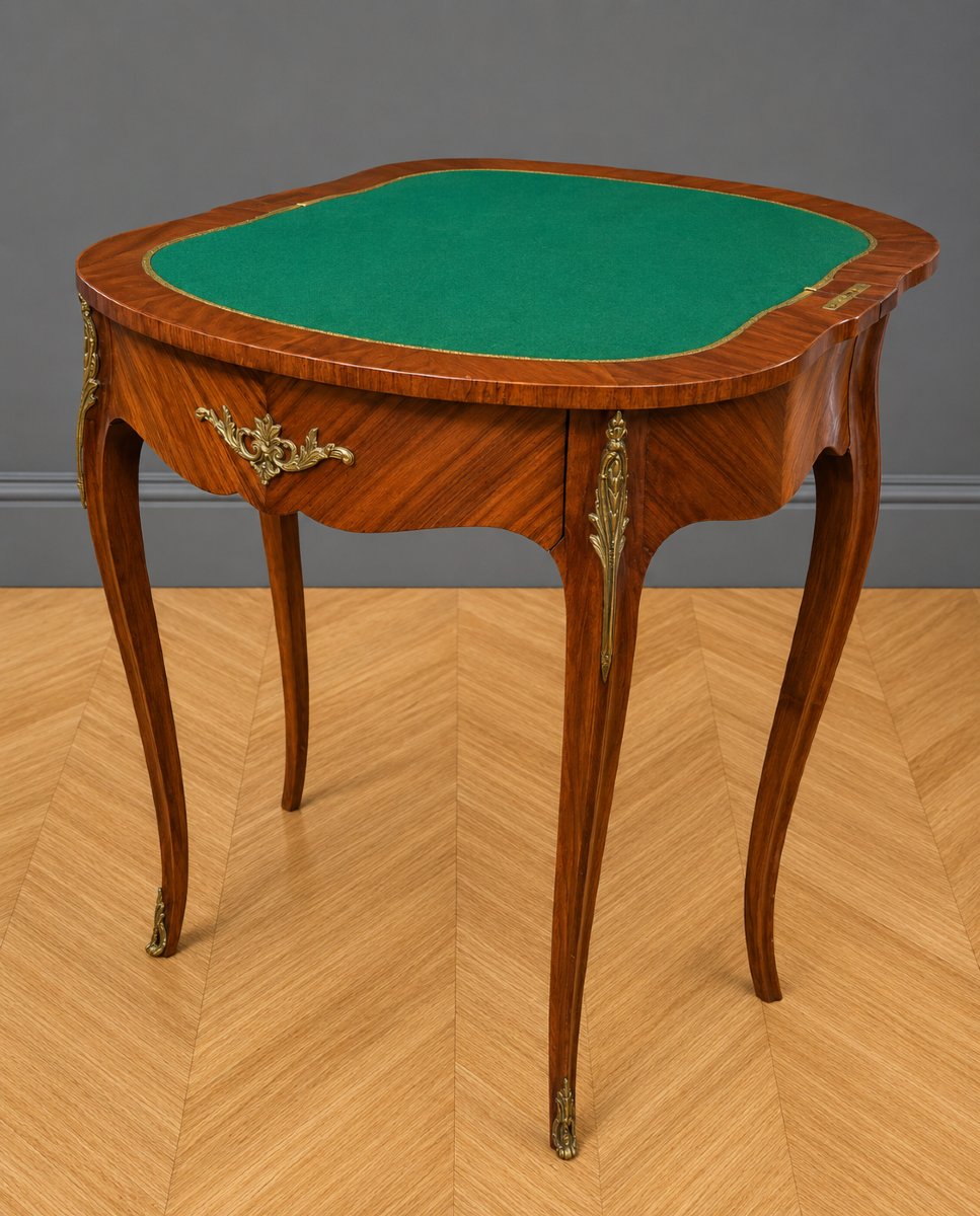 Table à jeux demi-lune de style Louis XV, en marqueterie -photo-1