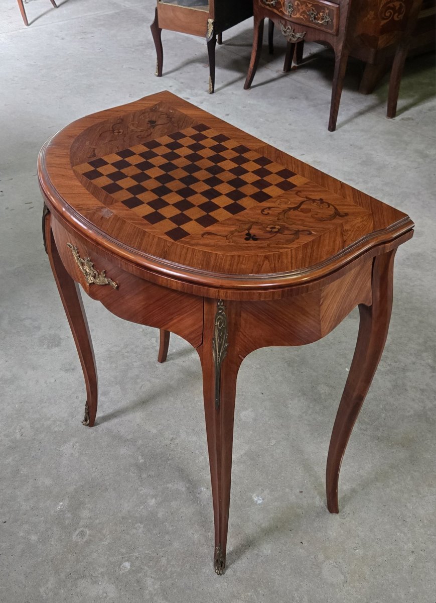 Table à jeux demi-lune de style Louis XV, en marqueterie -photo-4