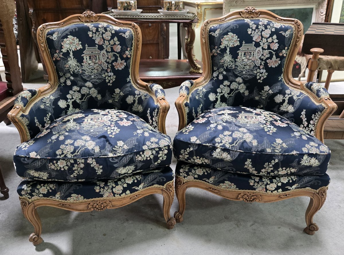 Pair Of Louis XV-style Gondola-back Bergères / Asian Tapestry-photo-1