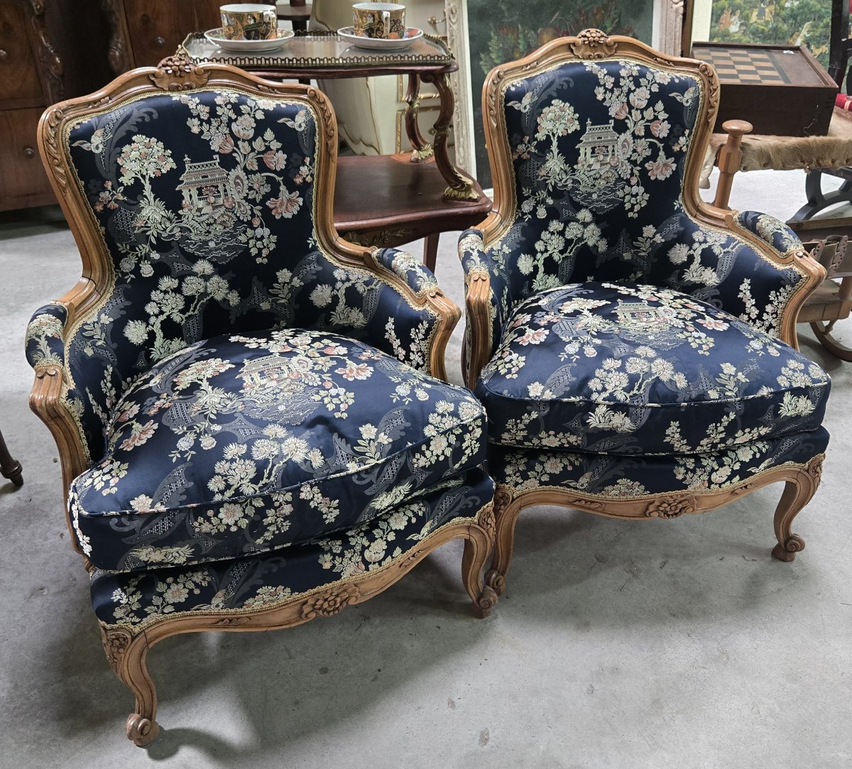 Pair Of Louis XV-style Gondola-back Bergères / Asian Tapestry-photo-2