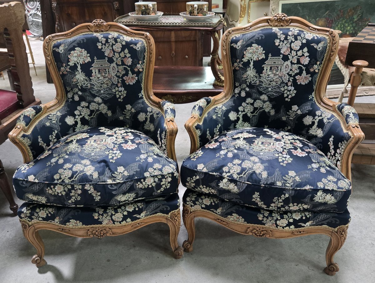Pair Of Louis XV-style Gondola-back Bergères / Asian Tapestry-photo-3
