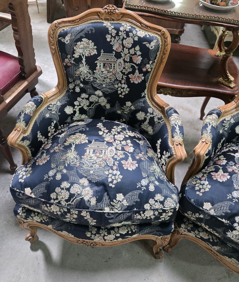 Pair Of Louis XV-style Gondola-back Bergères / Asian Tapestry-photo-4