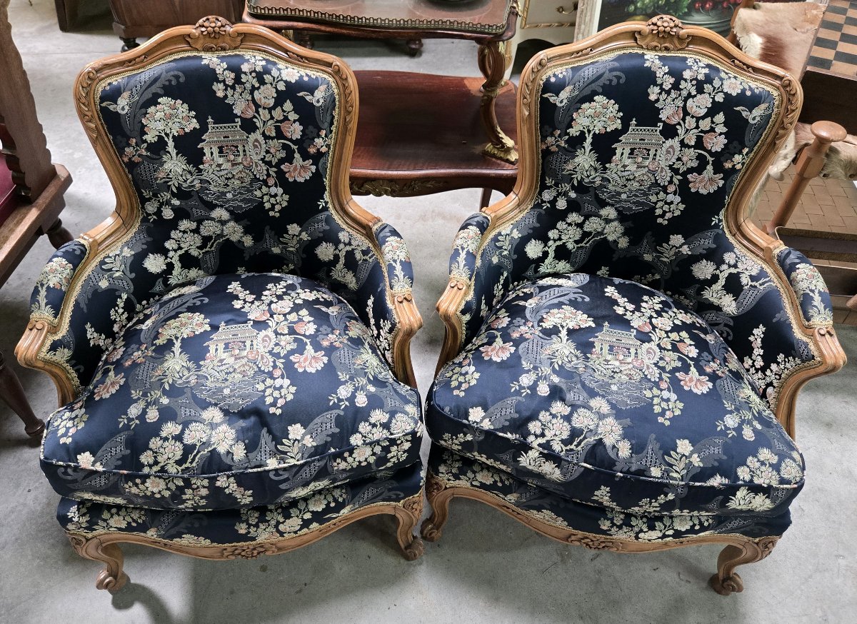 Pair Of Louis XV-style Gondola-back Bergères / Asian Tapestry-photo-5