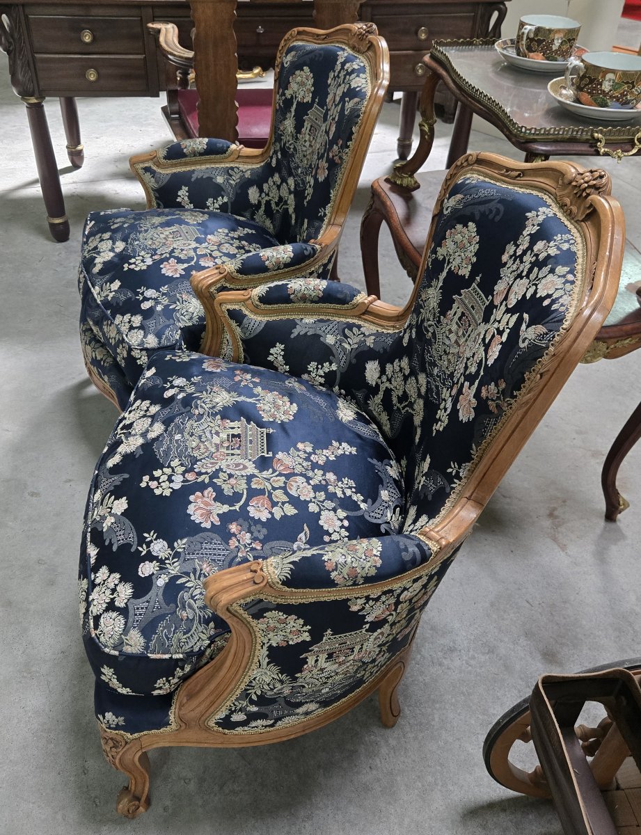 Pair Of Louis XV-style Gondola-back Bergères / Asian Tapestry-photo-6