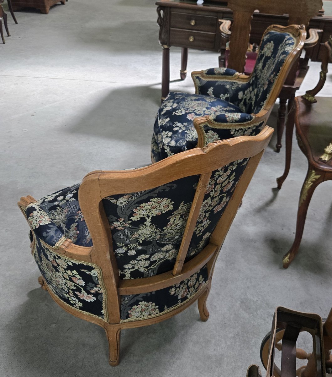 Pair Of Louis XV-style Gondola-back Bergères / Asian Tapestry-photo-7
