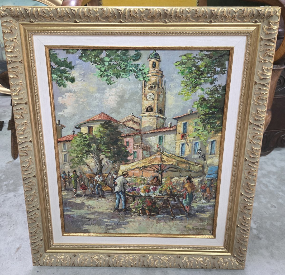 B Franco: Oil On Panel, Depicting A Lively Provencal Market Scene-photo-1