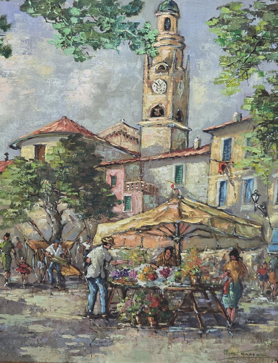 B Franco: Oil On Panel, Depicting A Lively Provencal Market Scene-photo-2