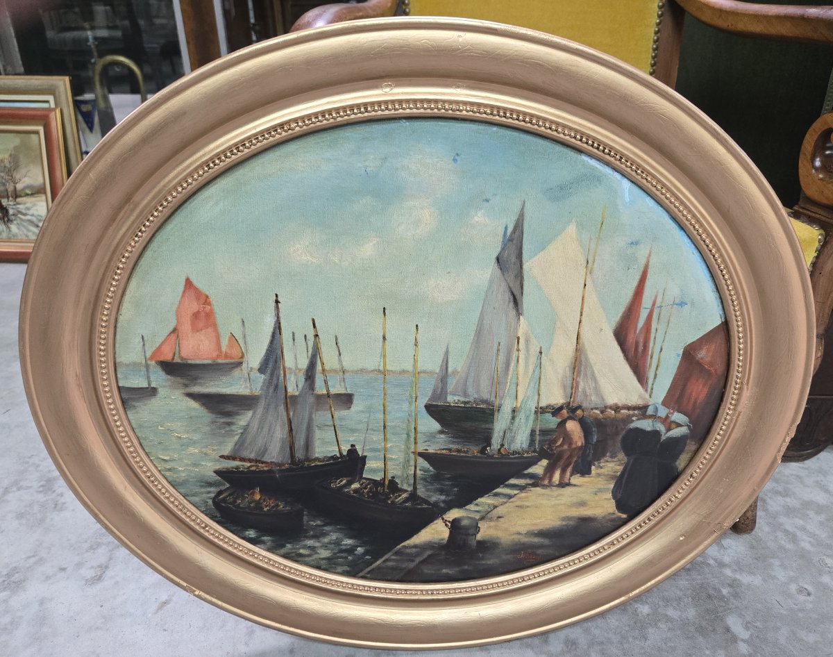J Faure : Huile sur toile représentant un port animé de voiliers et de pêcheurs-photo-1