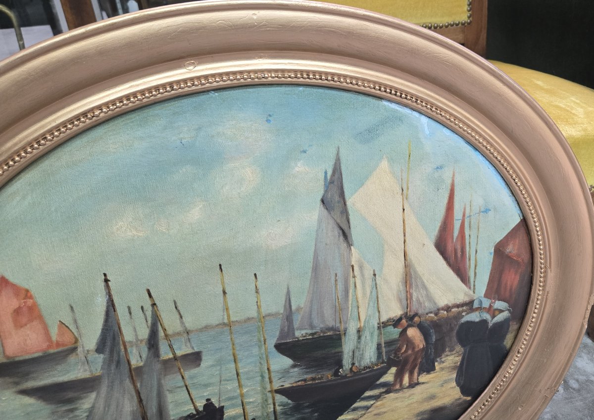 J Faure : Huile sur toile représentant un port animé de voiliers et de pêcheurs-photo-3