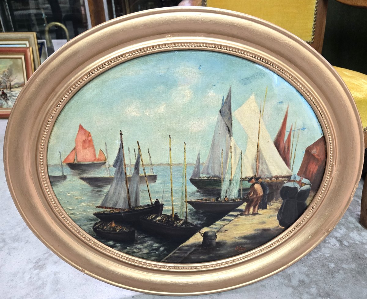 J Faure : Huile sur toile représentant un port animé de voiliers et de pêcheurs-photo-4