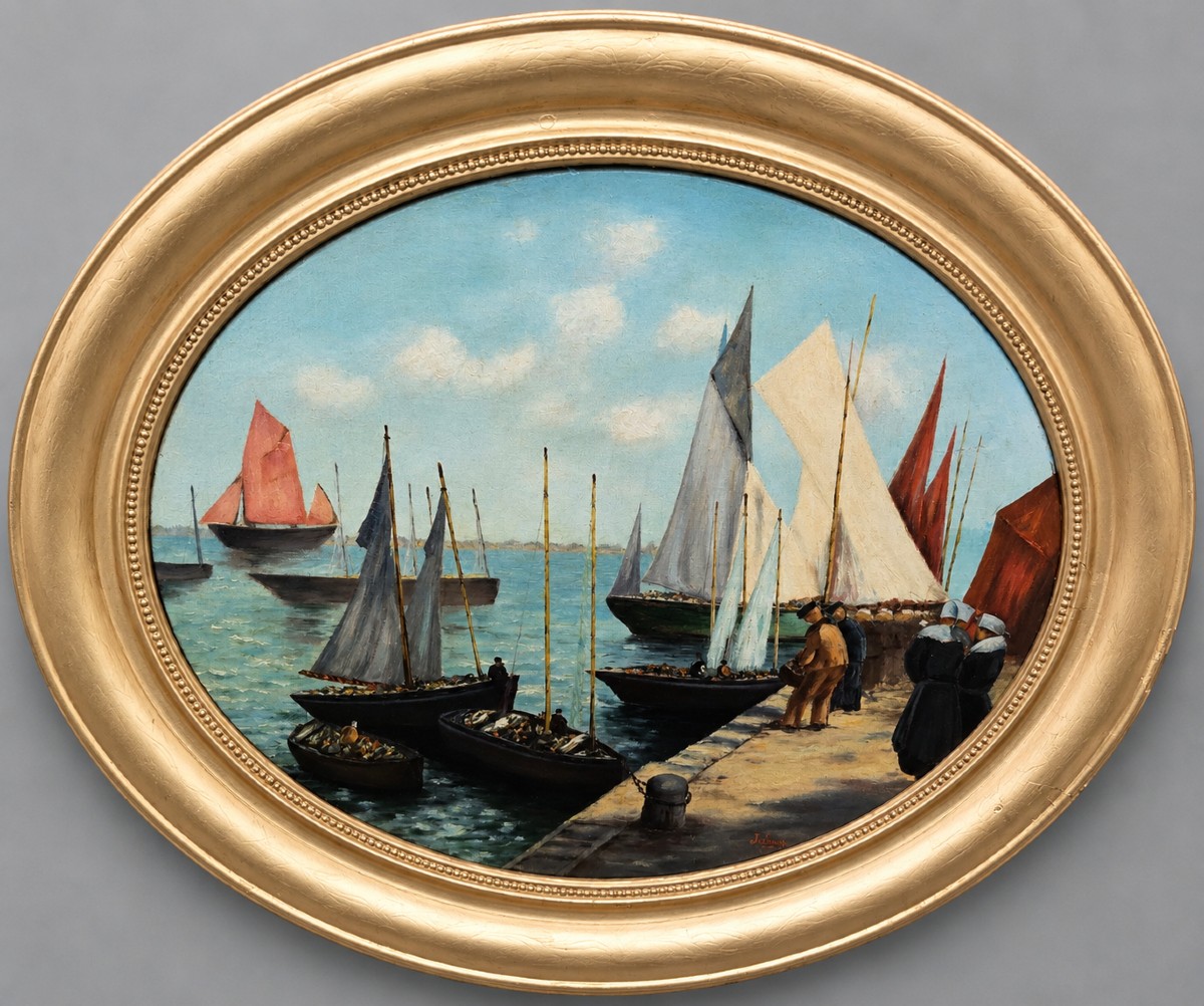 J Faure : Huile sur toile représentant un port animé de voiliers et de pêcheurs