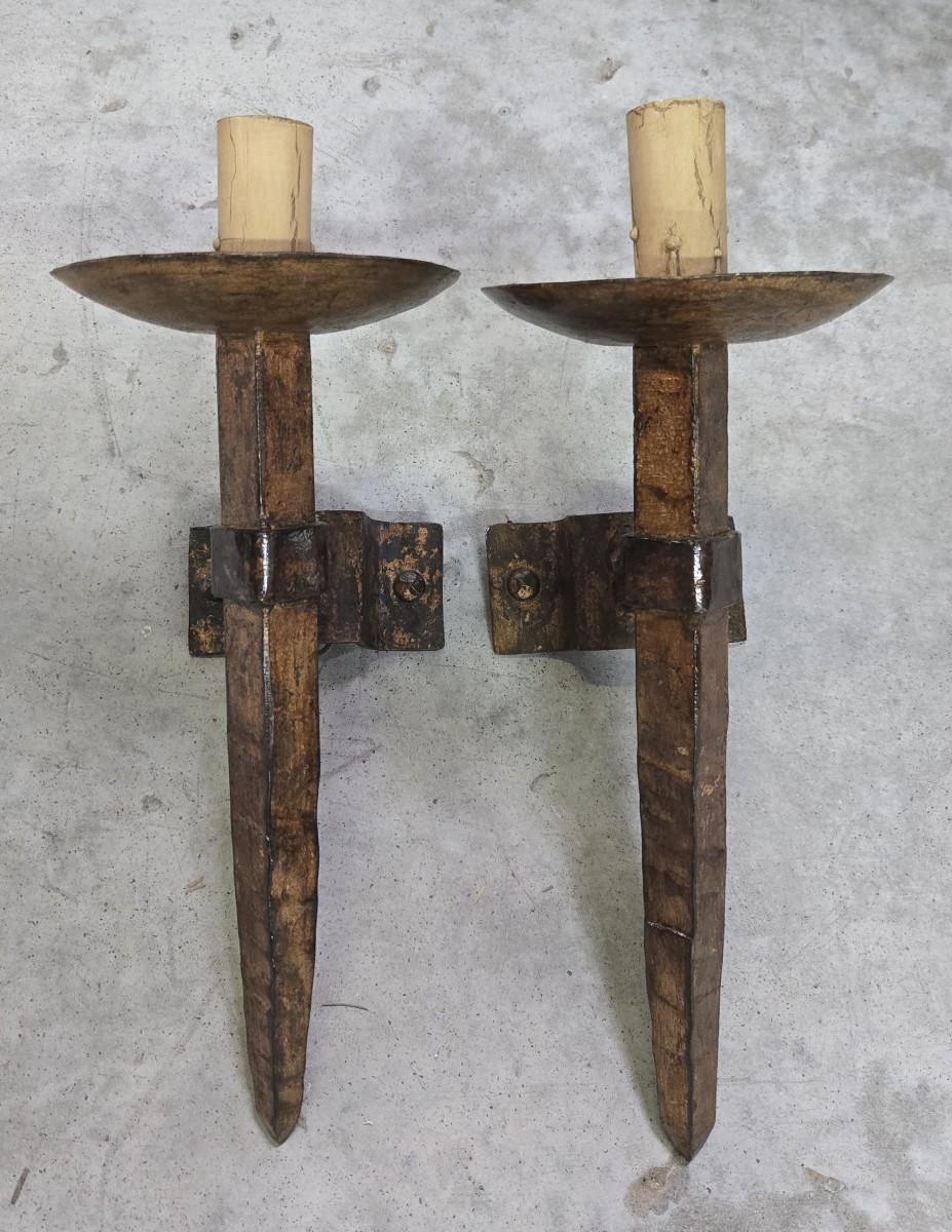 Pair Of Brutalist Sconces In Hammered And Patinated Iron
