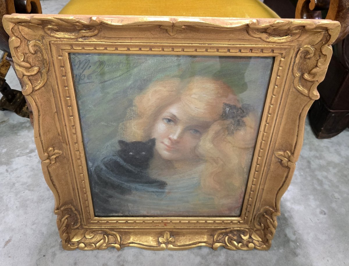 Portrait au pastel daté 1906, représentant une jeune femme Rousse et chat noir -photo-7