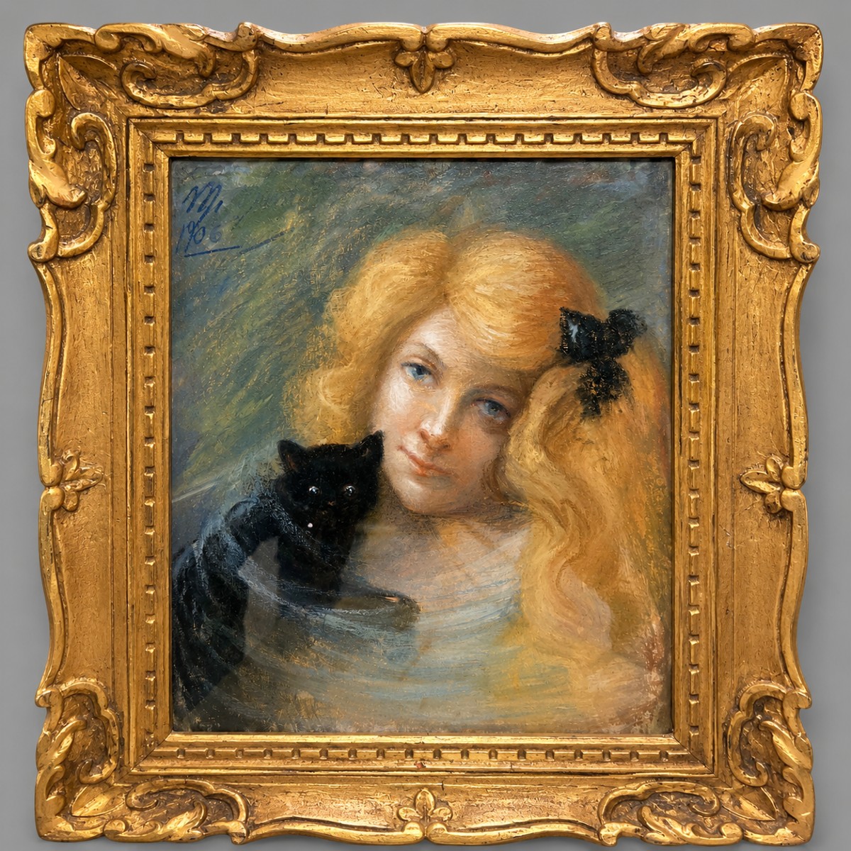 Portrait au pastel daté 1906, représentant une jeune femme Rousse et chat noir 