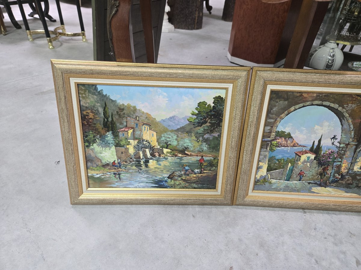 Pair Of Mediterranean Landscapes Signed P. Franco, Oil On Panel-photo-1
