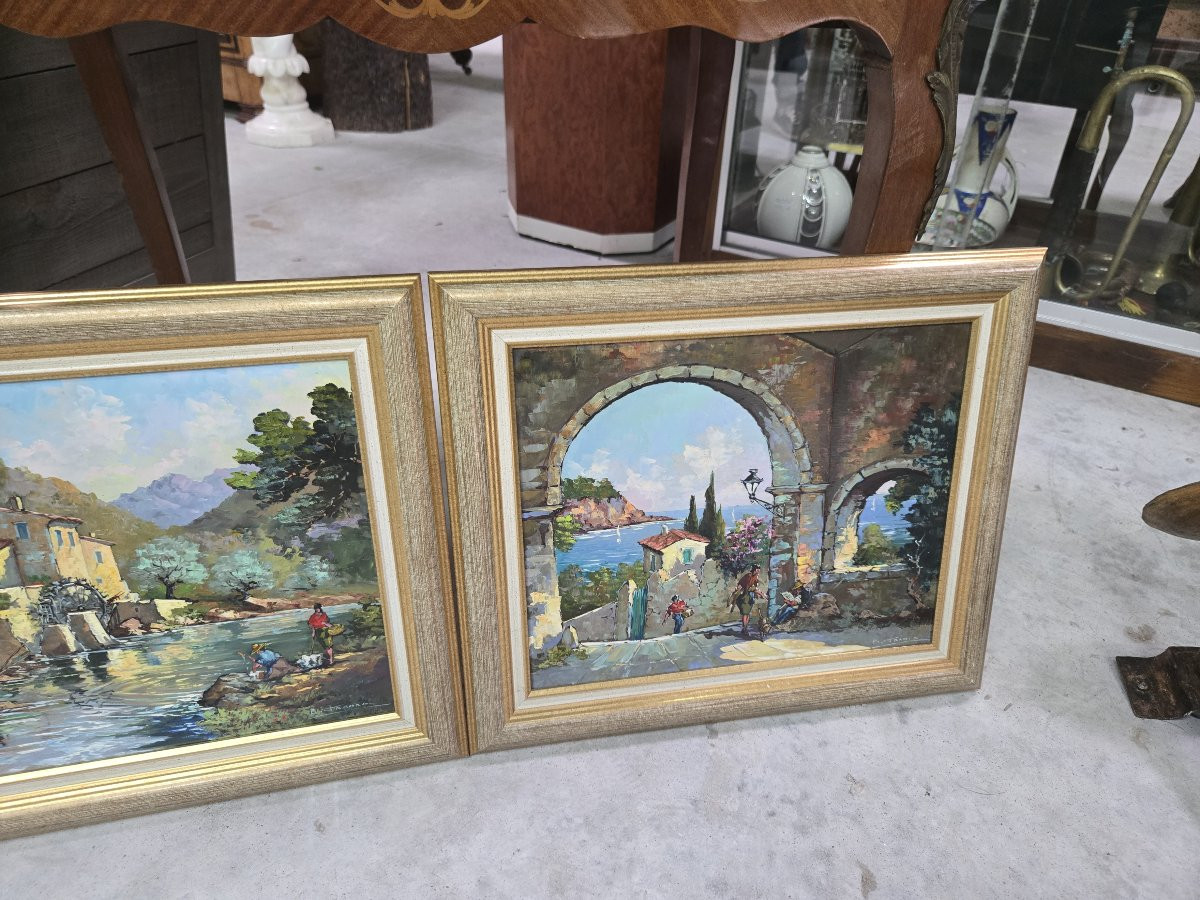 Pair Of Mediterranean Landscapes Signed P. Franco, Oil On Panel-photo-2
