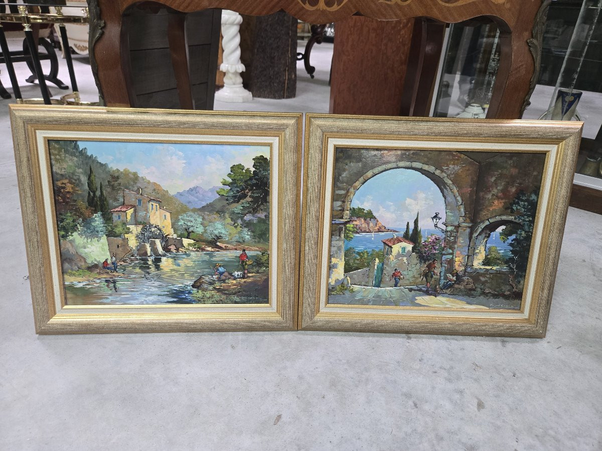 Pair Of Mediterranean Landscapes Signed P. Franco, Oil On Panel-photo-3