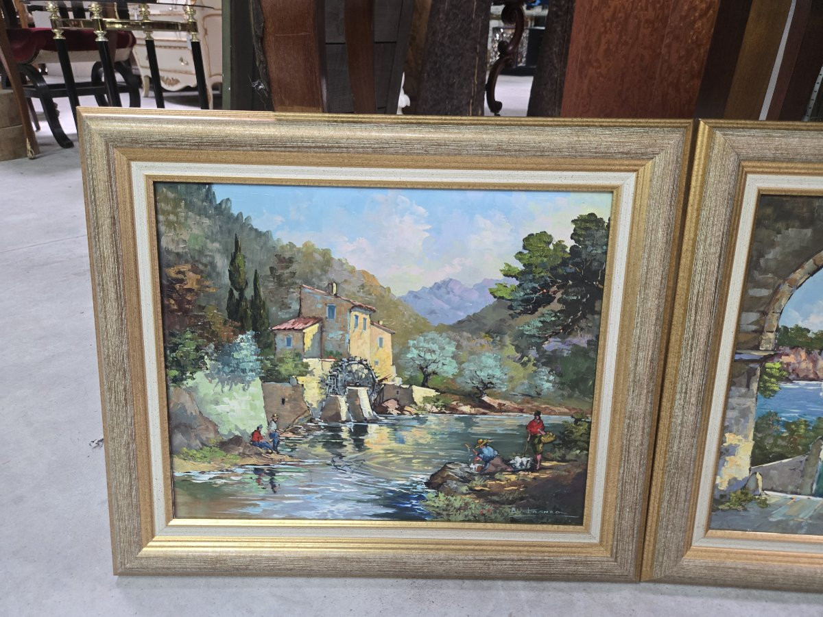 Pair Of Mediterranean Landscapes Signed P. Franco, Oil On Panel-photo-4