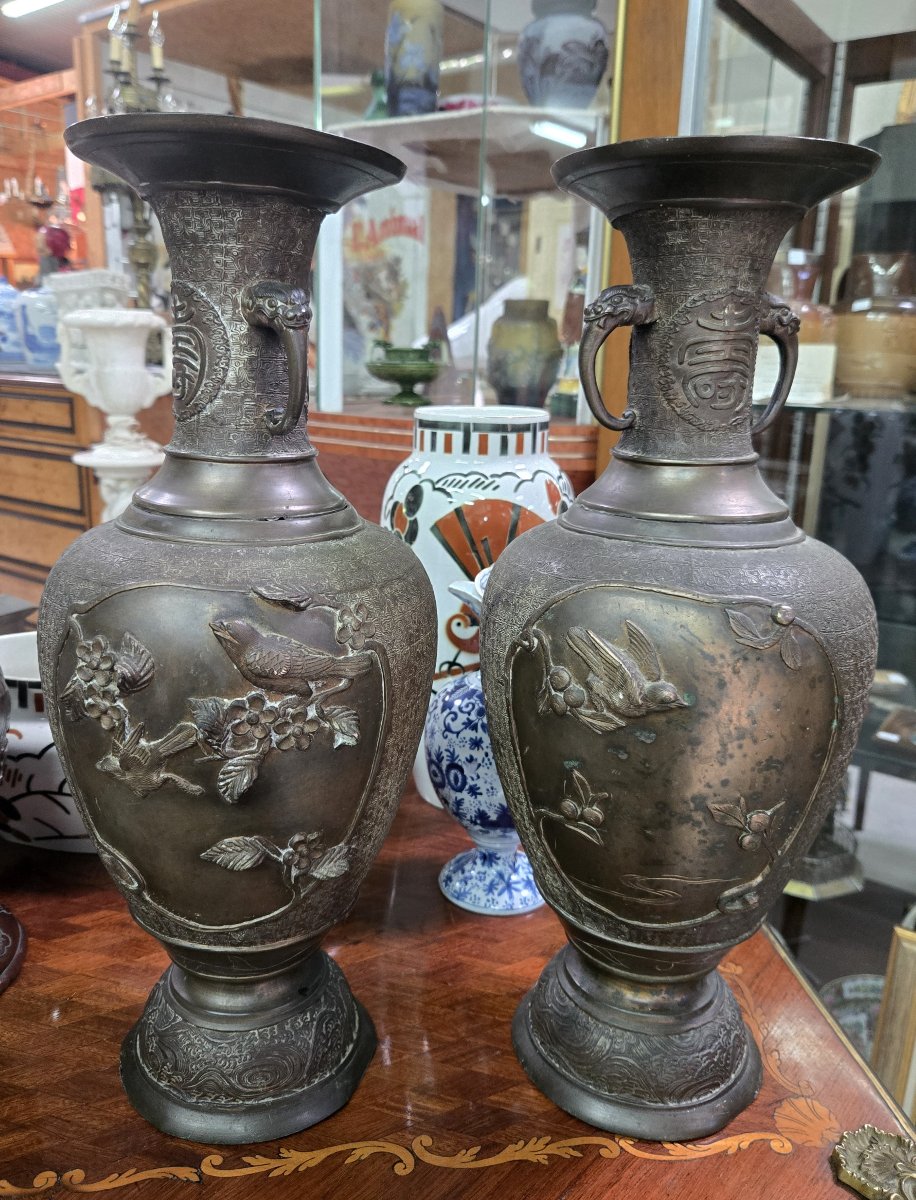 Large Pair Of Japanese Vases In Patinated Bronze, Decorated In Relief With Birds-photo-1