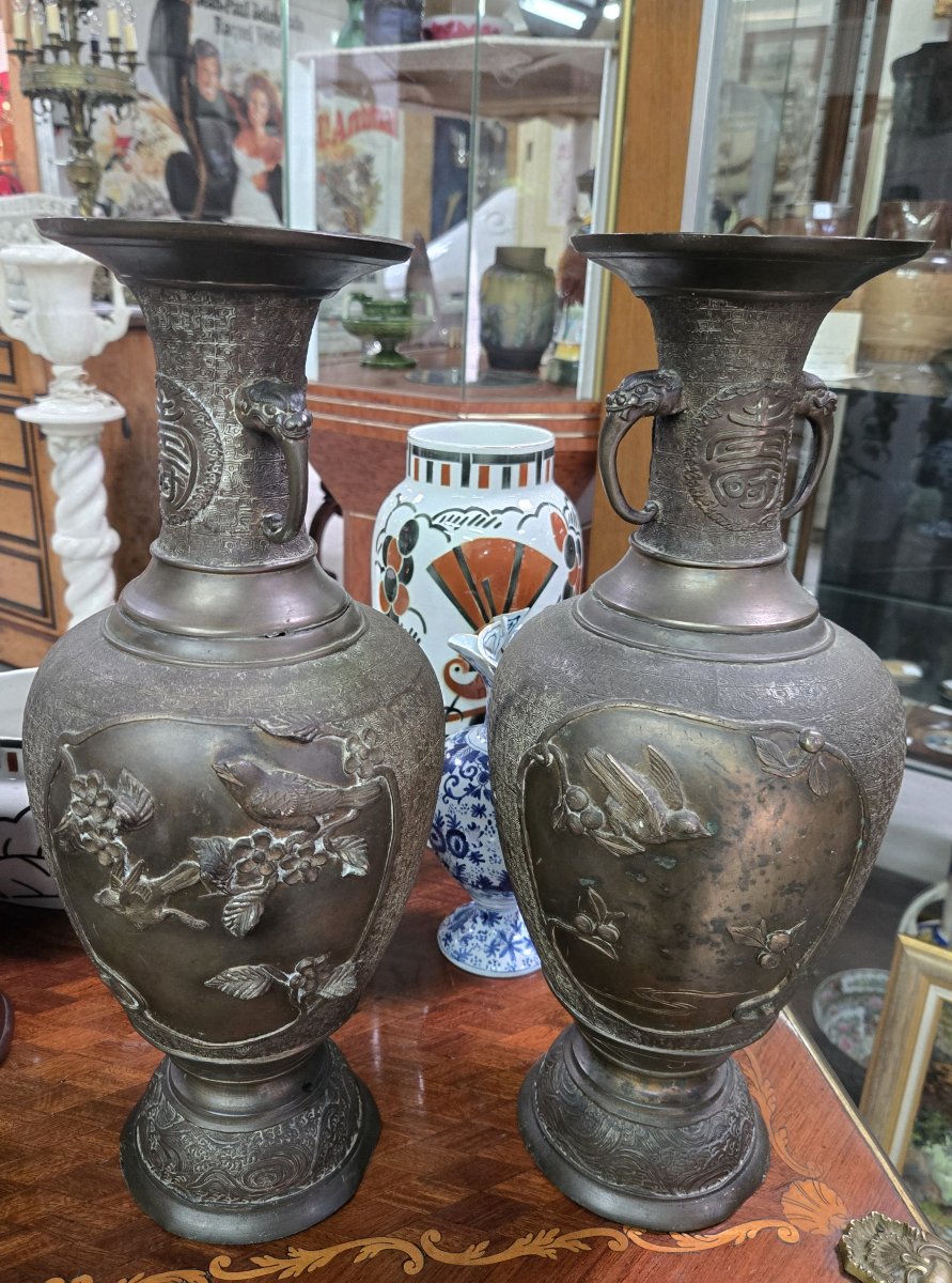 Large Pair Of Japanese Vases In Patinated Bronze, Decorated In Relief With Birds-photo-2