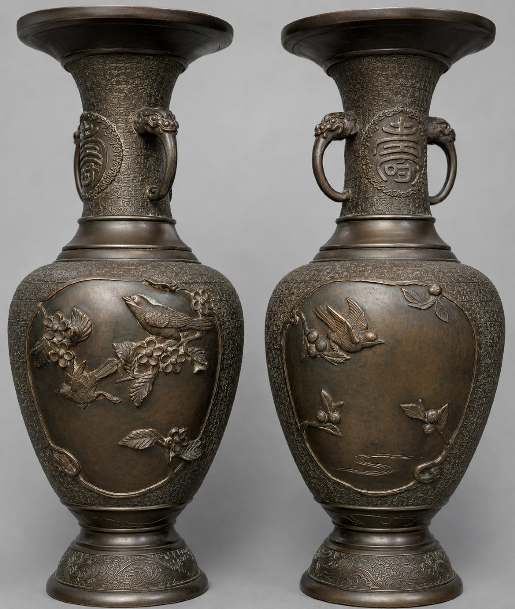 Large Pair Of Japanese Vases In Patinated Bronze, Decorated In Relief With Birds