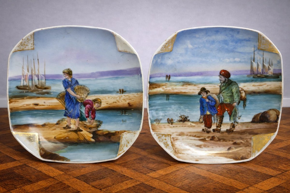 Pair Of Enameled Porcelain Plates With Polychrome Decoration Of Seaside Scenes-photo-1