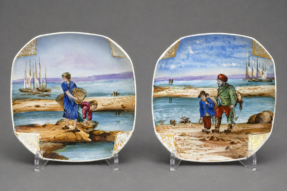 Pair Of Enameled Porcelain Plates With Polychrome Decoration Of Seaside Scenes