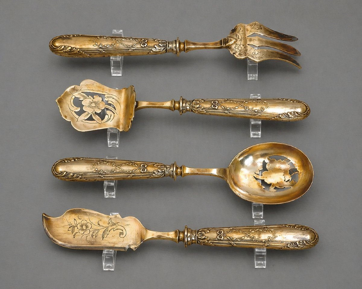 Suite de quatre pièces de service en argent présentée dans son élégant coffret d’origine-photo-1