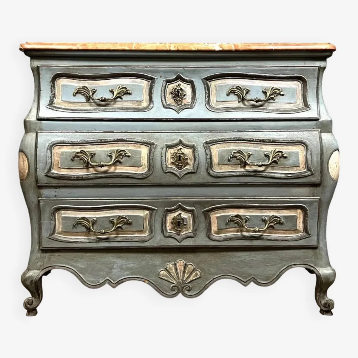 Painted Louis XV Style Tombeau Chest Of Drawers, Late 19th Century Marble Top-photo-2