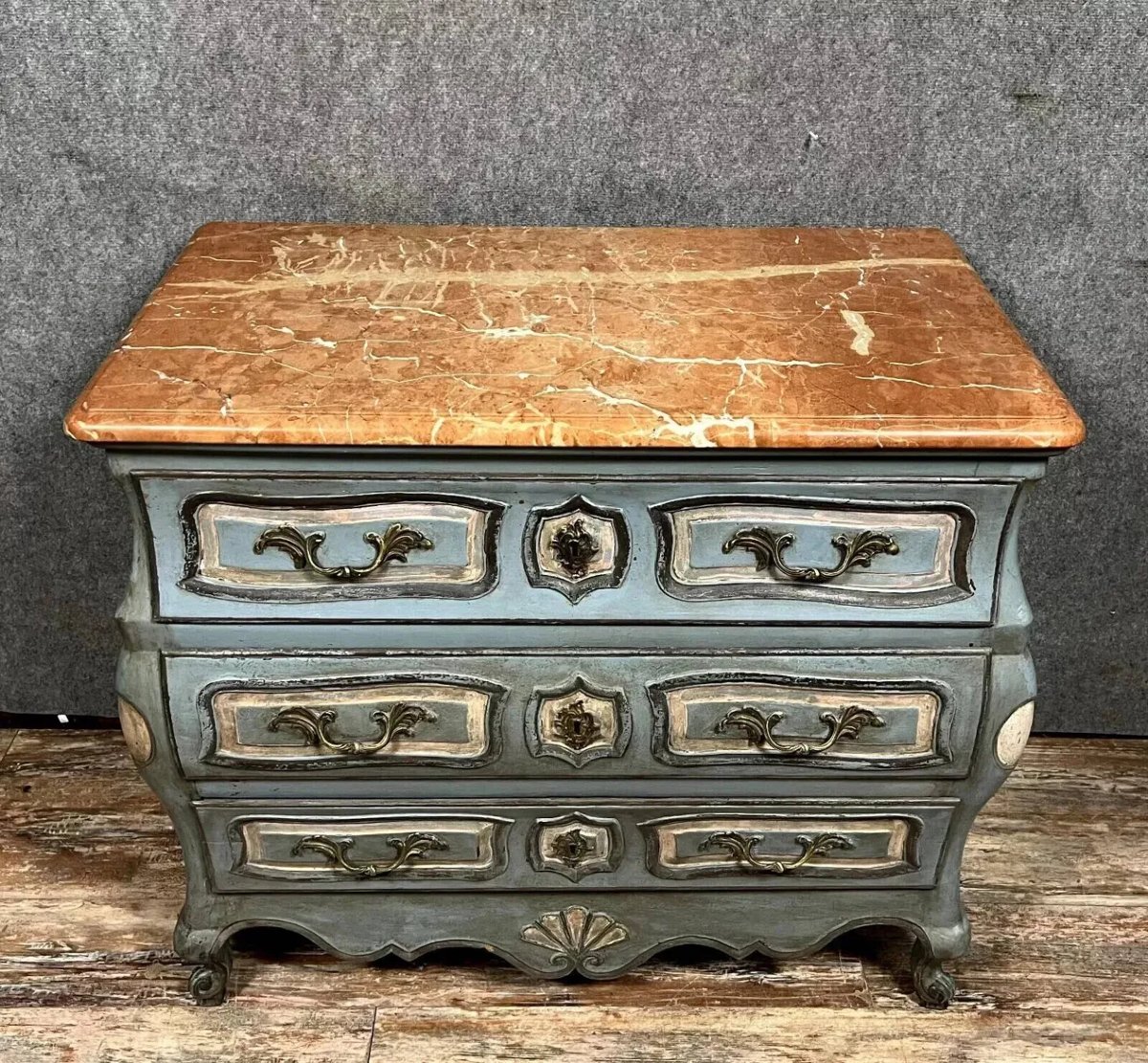 Painted Louis XV Style Tombeau Chest Of Drawers, Late 19th Century Marble Top-photo-3
