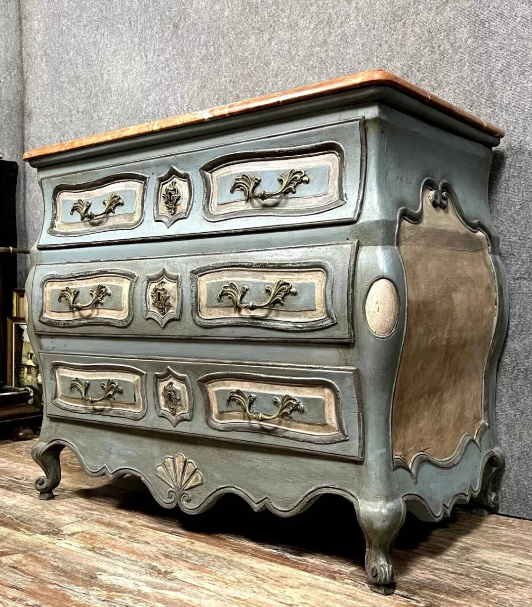 Painted Louis XV Style Tombeau Chest Of Drawers, Late 19th Century Marble Top-photo-1