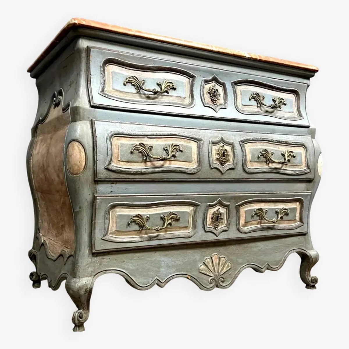 Painted Louis XV Style Tombeau Chest Of Drawers, Late 19th Century Marble Top-photo-3