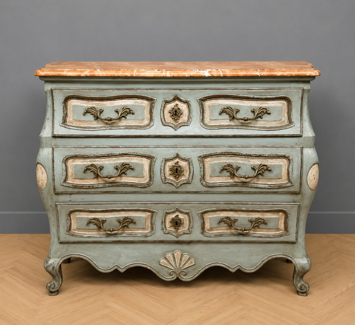 Painted Louis XV Style Tombeau Chest Of Drawers, Late 19th Century Marble Top