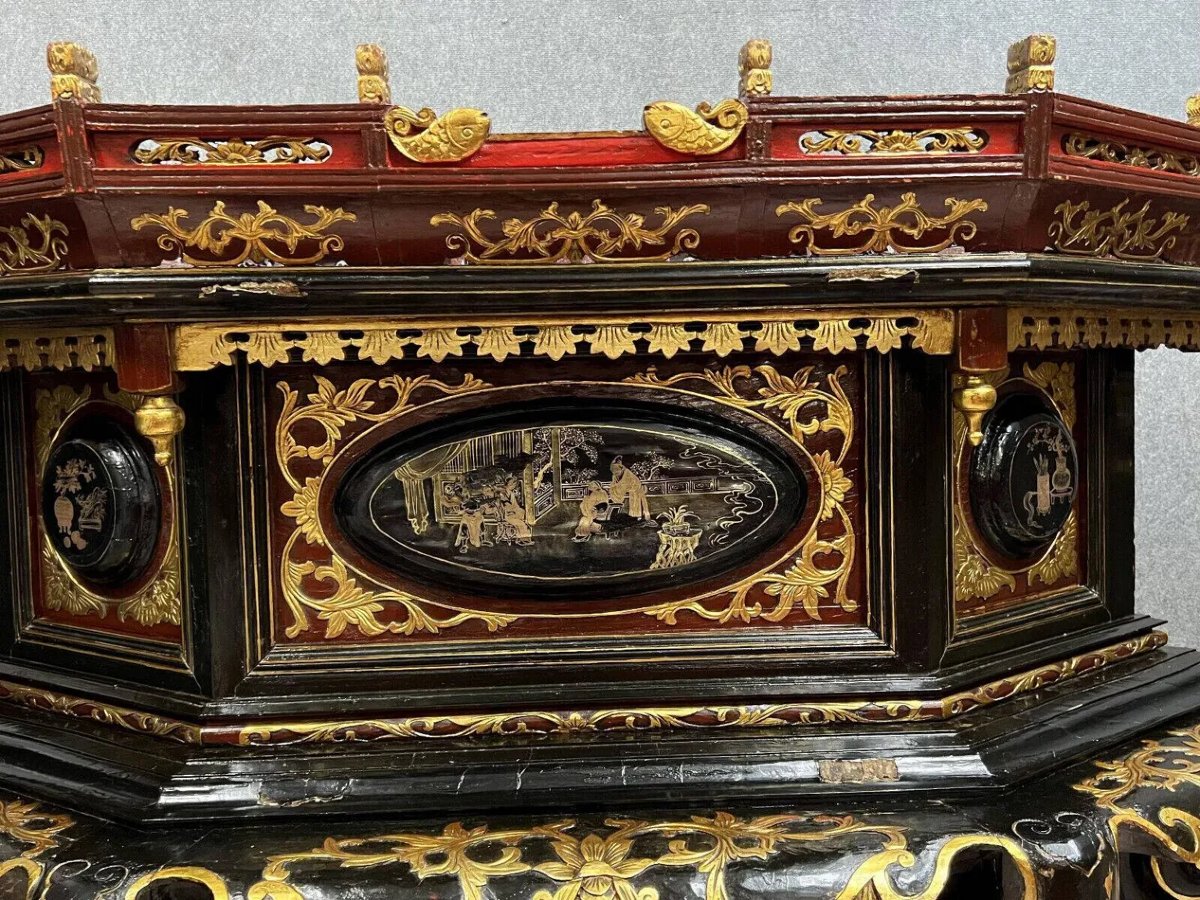 Chine vers 1800: autel a offrandes de très grande taille en forme de "chanab" en laque-photo-3