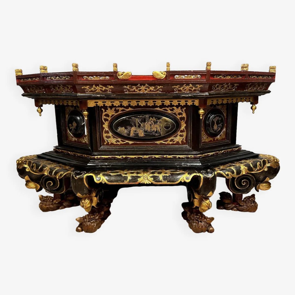 Chine vers 1800: autel a offrandes de très grande taille en forme de "chanab" en laque-photo-4