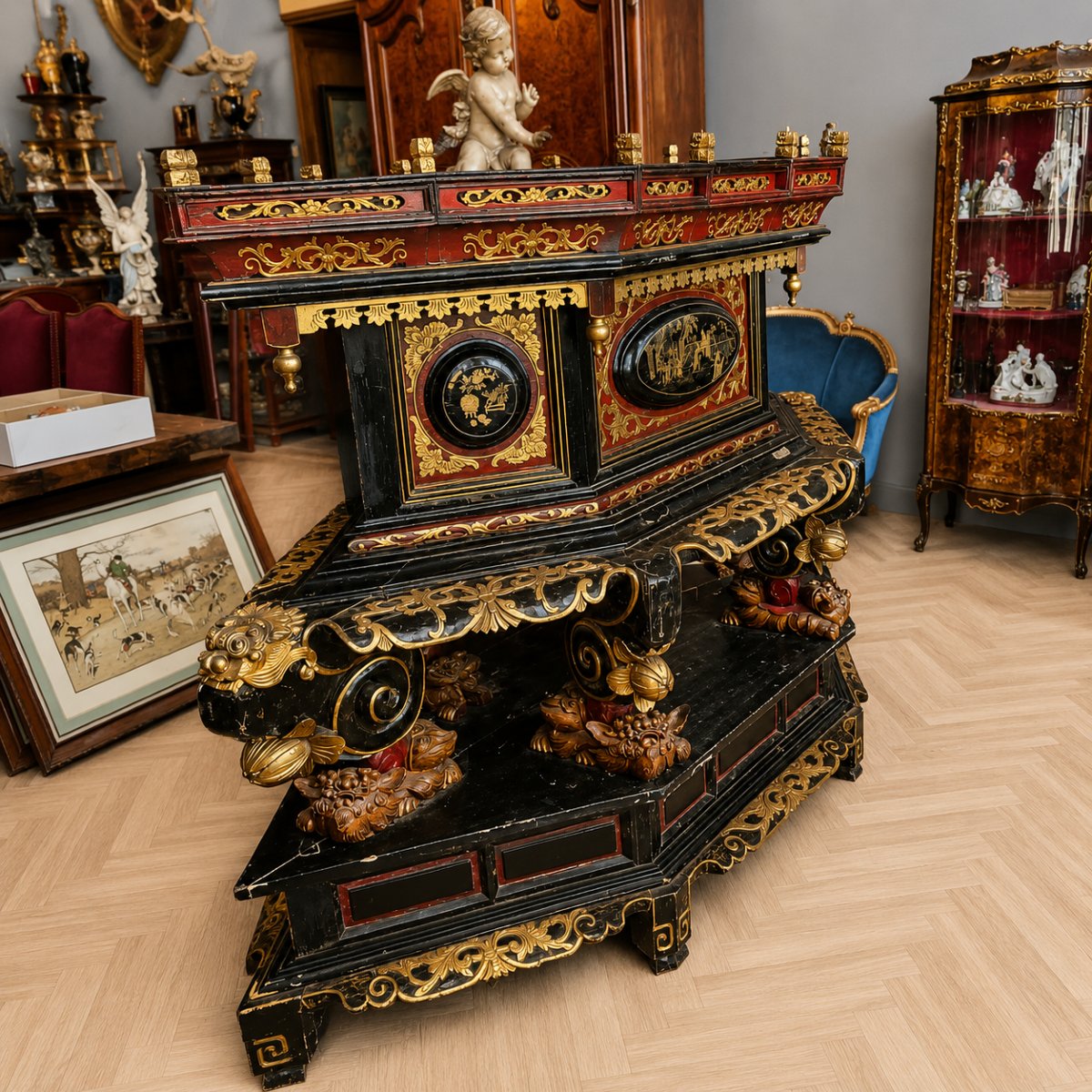 Chine vers 1800: autel a offrandes de très grande taille en forme de "chanab" en laque-photo-1
