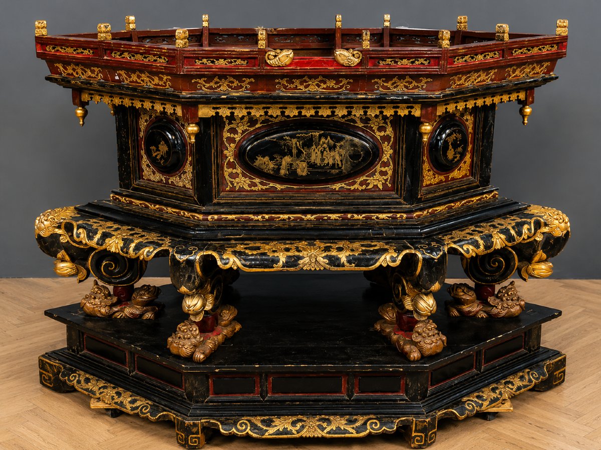 Chine vers 1800: autel a offrandes de très grande taille en forme de "chanab" en laque