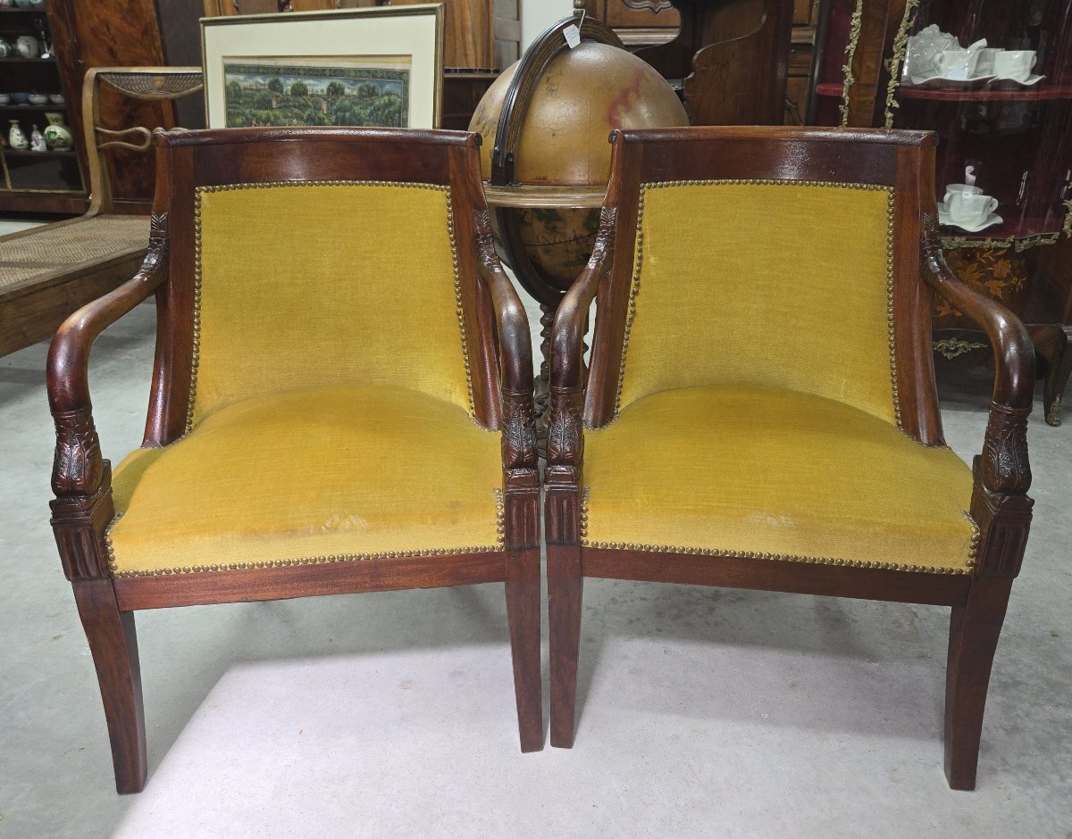 Pair Of Empire Mahogany Armchairs With Dolphins - 19th Century-photo-2