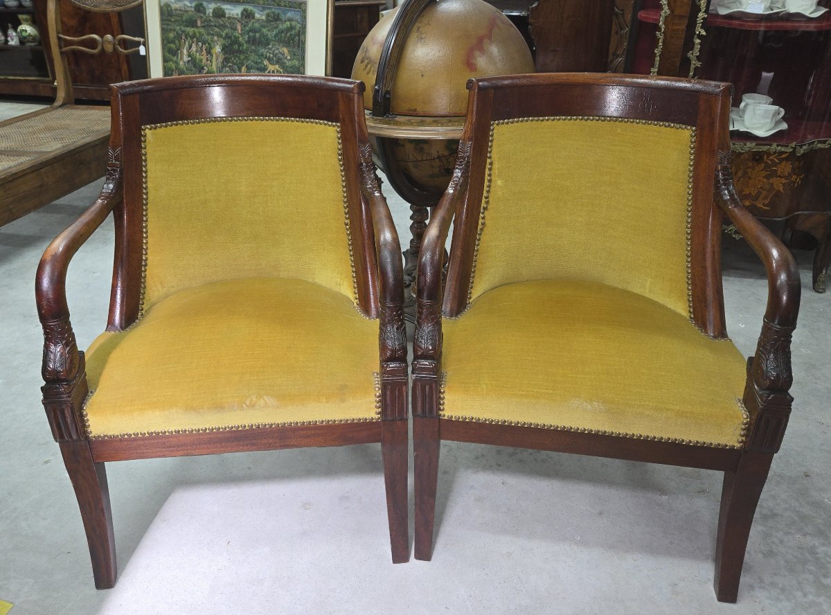 Pair Of Empire Mahogany Armchairs With Dolphins - 19th Century-photo-3