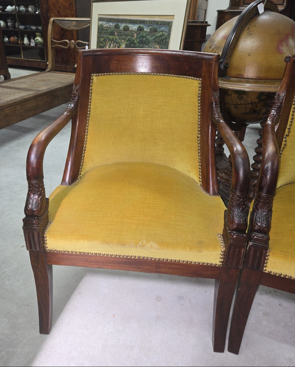 Pair Of Empire Mahogany Armchairs With Dolphins - 19th Century-photo-3