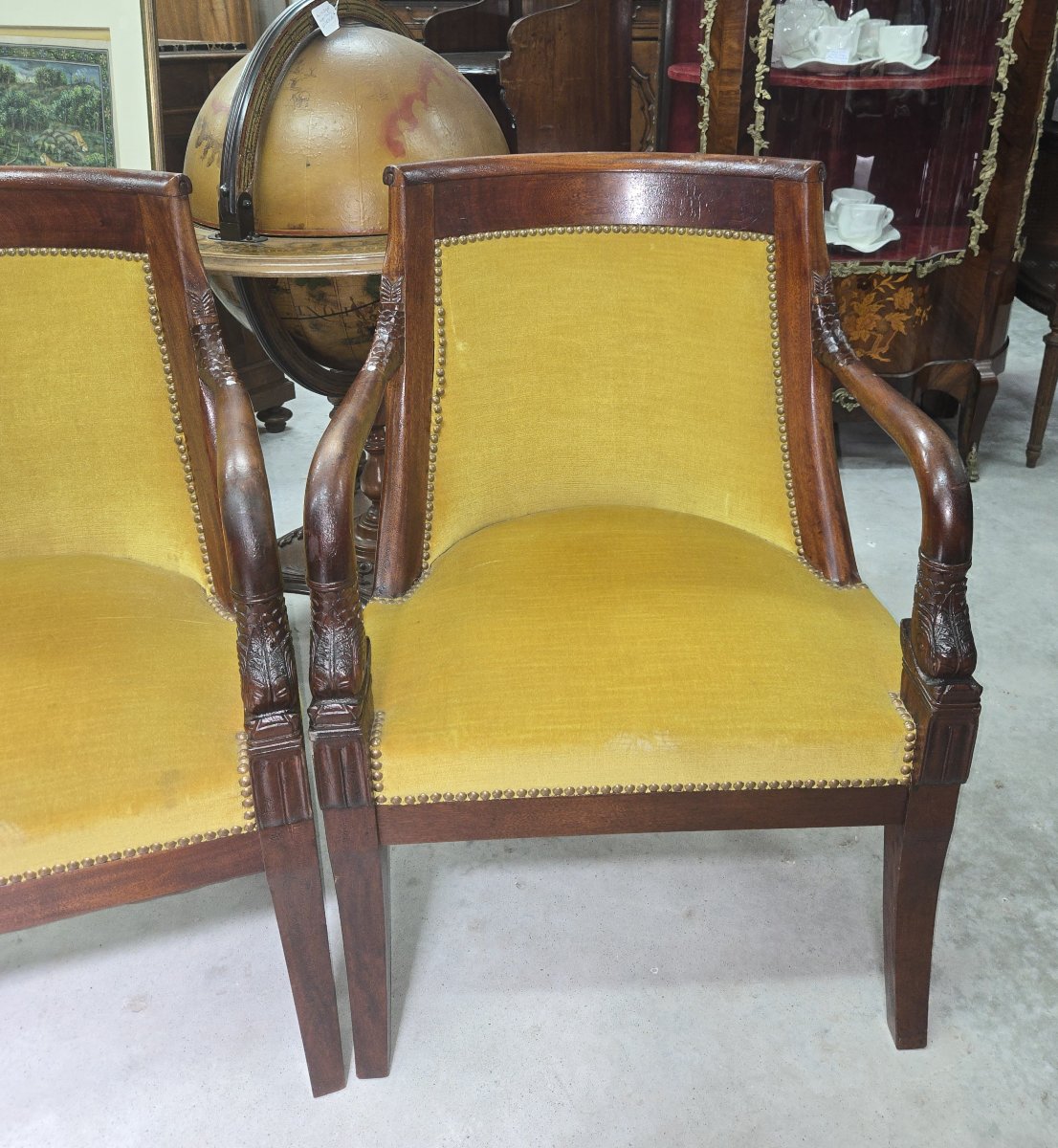 Pair Of Empire Mahogany Armchairs With Dolphins - 19th Century-photo-4