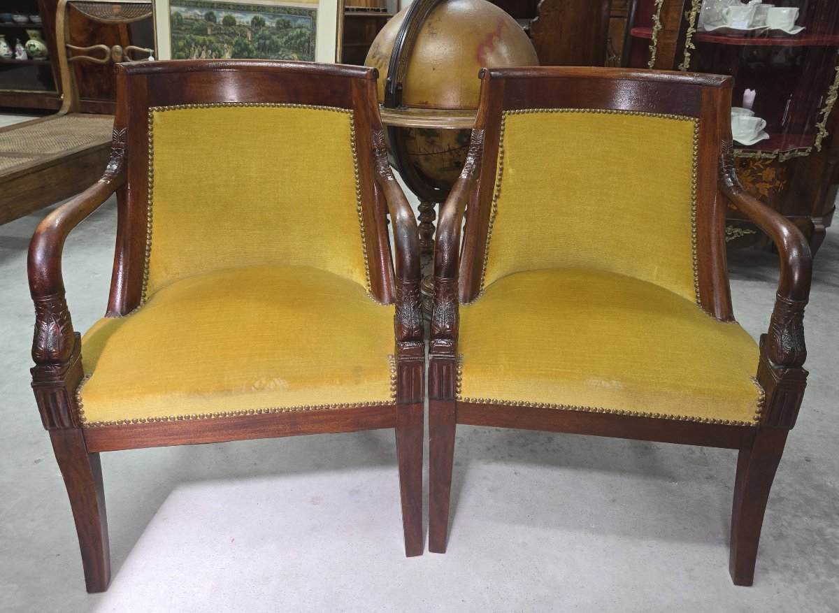 Pair Of Empire Mahogany Armchairs With Dolphins - 19th Century-photo-6
