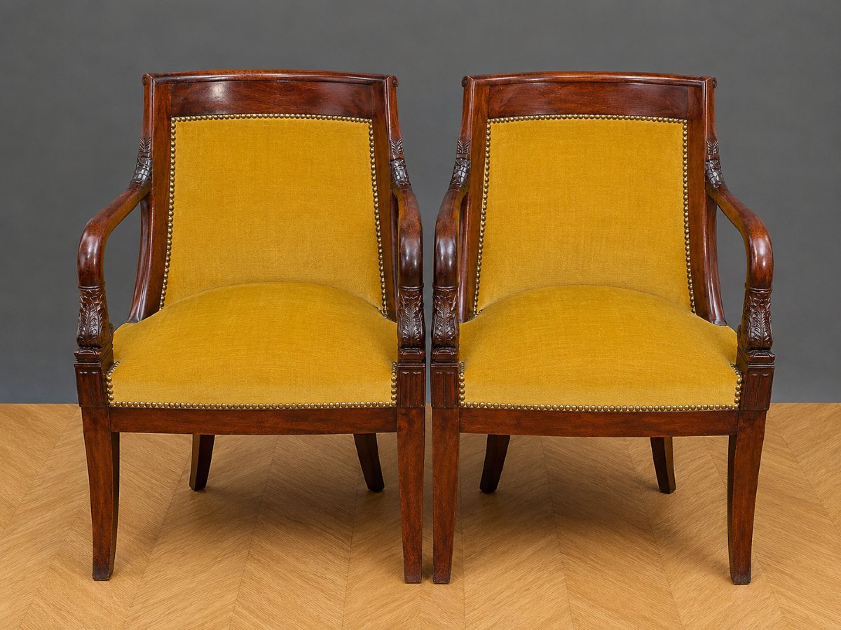Pair Of Empire Mahogany Armchairs With Dolphins - 19th Century-photo-7