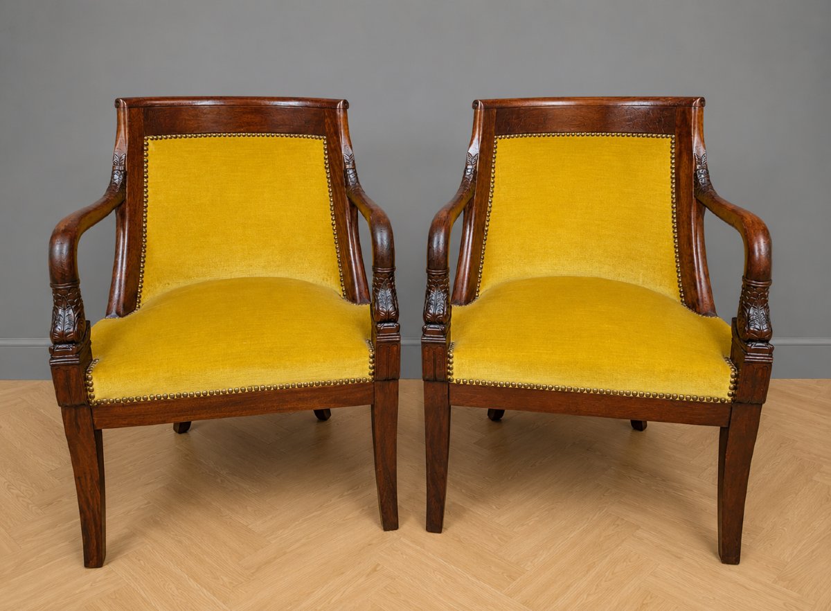 Pair Of Empire Mahogany Armchairs With Dolphins - 19th Century