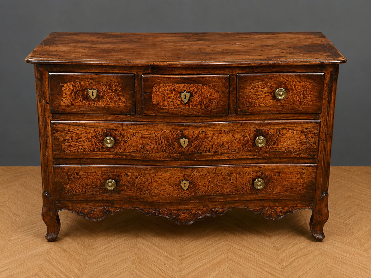Louis XV Period Curved Walnut And Elm Burr Chest Of Drawers