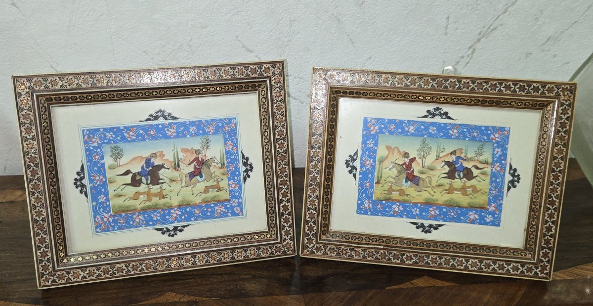 Pair Of Framed Persian Miniatures - Oriental Equestrian Scenes - Oil On Paper-photo-2